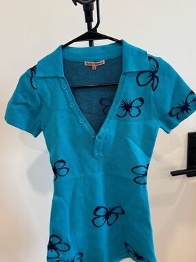 Teal Butterfly Polo Knit Top
